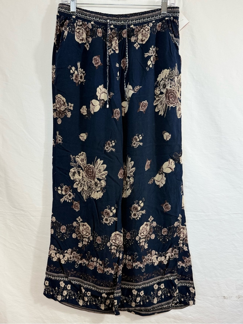 Breeze Ever Navy Tan Boho Floral Print Wide Leg Light Pants